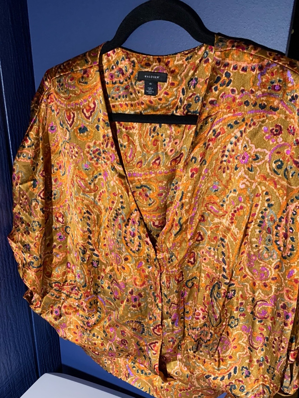 Halogen orange/rust/gold  Paisley V-Neck Blouse with Pink & Green Accents